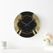 ブラック&金ゴールドダマスクジオメトリックデザイン ラージ壁時計 (ホーム)