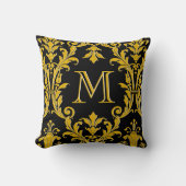 ブラック&金ゴールドダマスクフローラスワーズモノグラム クッション (正面)