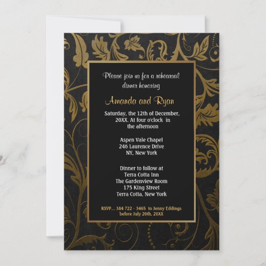 ブラック&金ゴールドダマスクリハーサルディナー招待状 招待状 (正面)