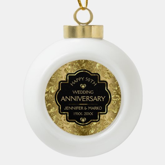 ブラック&金ゴールドダマスク50結婚周年 セラミックボールオーナメント (正面)