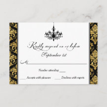 ブラック、金ゴールドダマスク、シャンデリア返信カード