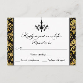 ブラック、金ゴールドダマスク、シャンデリア返信カード 出欠カード