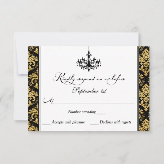 ブラック、金ゴールドダマスク、シャンデリア返信カード 出欠カード (正面)