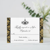 ブラック、金ゴールドダマスク、シャンデリア返信カード 出欠カード (スタンド正面)