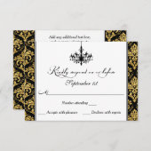 ブラック、金ゴールドダマスク、シャンデリア返信カード 出欠カード (正面/裏面)