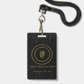 ブラック&金ゴールドドリップグリッターバースデーパーティーVIP バッジ (Front with Lanyard)