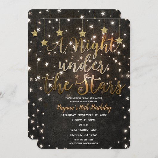 ブラック&金ゴールドナイトアンダーザスターズスウィート16 招待状 (正面/裏面)