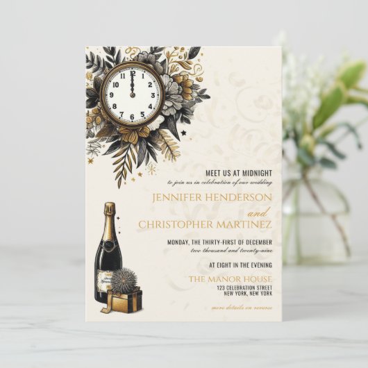 ブラック&金ゴールドニューイヤーイブ結婚式招待状 招待状 (スタンド正面)