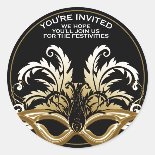 ブラック/金ゴールドニューイヤーエブマスカレード封筒用シール ラウンドシール (正面)