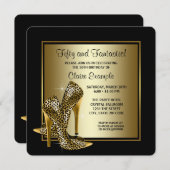 ブラック&金ゴールドハイヒールウーマンバースデーパーティー 招待状 (正面/裏面)