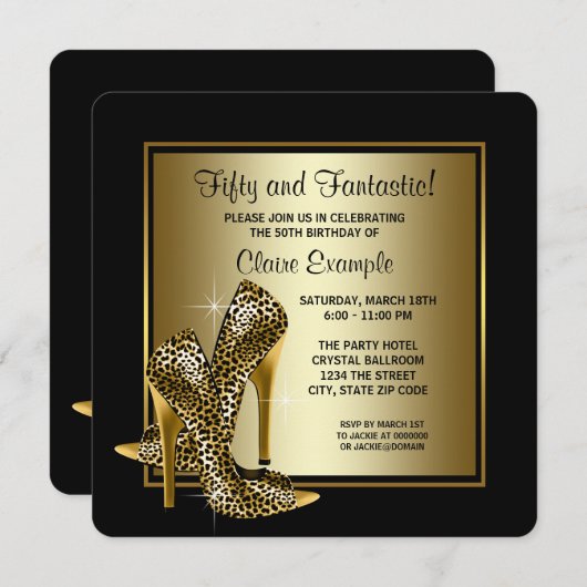 ブラック&金ゴールドハイヒールウーマンバースデーパーティー 招待状 (正面/裏面)