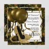 ブラック&金ゴールドハイヒール誕生日パーティー 招待状 (正面/裏面)