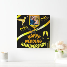 ブラック&金ゴールドハッピーフ結婚ァイバーサリーギフト スクエア壁時計