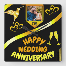 ブラック&金ゴールドハッピーフ結婚ァイバーサリーギフト スクエア壁時計