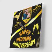 ブラック&金ゴールドハッピーフ結婚ァイバーサリーギフト スクエア壁時計 (傾斜)