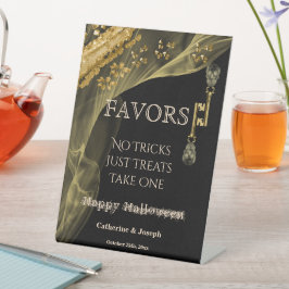 ブラック&金ゴールドハロウィン結婚のスケルトンの好意 台座サイン