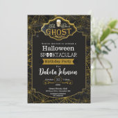 ブラック&金ゴールドハロウィーン誕生日パーティーの招待状 カード (スタンド正面)