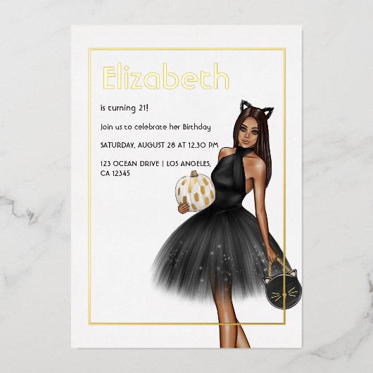 ブラック&金ゴールドハロウィーン誕生日フォイル招待状 箔招待状 (正面)