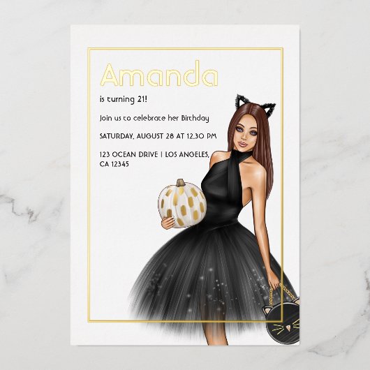 ブラック&金ゴールドハロウィーン誕生日フォイル招待状 箔招待状 (正面)