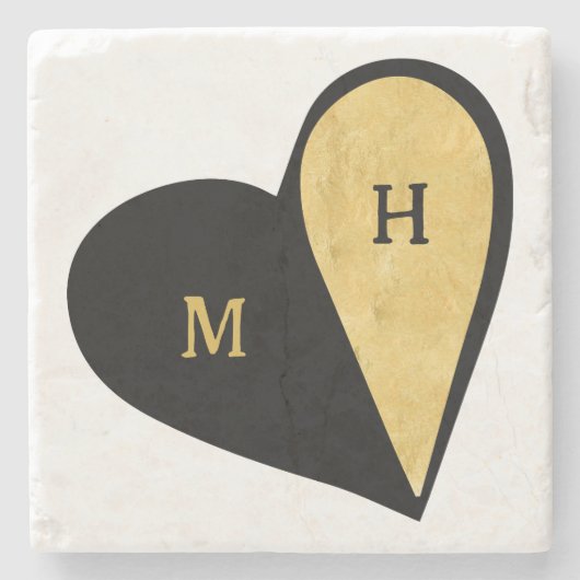 ブラック&金ゴールドハートロマンチックモノグラム ストーンコースター (正面)
