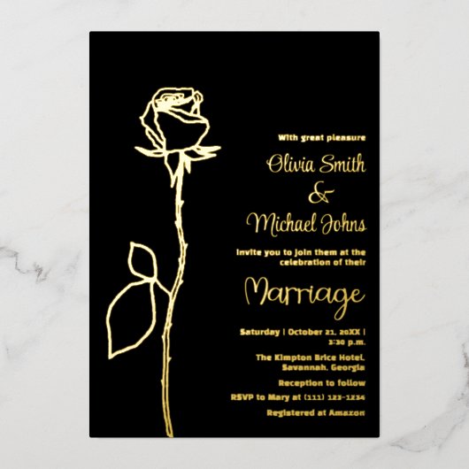 ブラック&金ゴールドバラブドエレガントウェディング招待状 箔シーズンカード (正面)