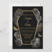 ブラック&金ゴールドバラ棺ゴシックエレガントな結婚式 招待状 (正面)