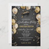 ブラック&金ゴールドバルーン卒業パーティー招待状 招待状 (正面)