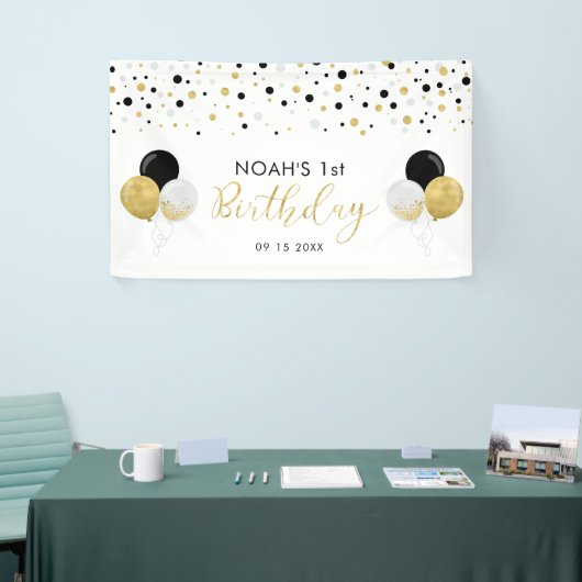 ブラック&金ゴールドバルーン第1子供の誕生日バナー 横断幕 (トレードショー)