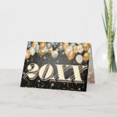 ブラック&金ゴールドバルーン紙吹雪新年お祝い シーズンカード (正面)