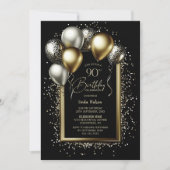 ブラック&金ゴールドバルーン90th誕生日パーティー 招待状 (正面)
