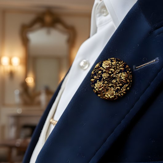 ブラック&金ゴールドバロックフローラアートボタン 缶バッジ