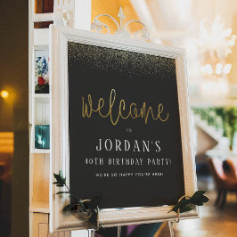 ブラック&金ゴールドバースデーパーティー歓迎サイン ポスター