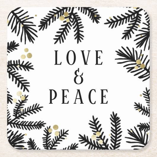 ブラック&金ゴールドパインアンドベリーズホリデイ スクエアペーパーコースター (正面)