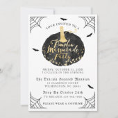 ブラック&金ゴールドパンプキンマスコアードハローウィンパーティ 招待状 (正面)