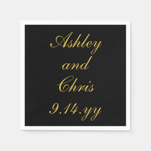ブラック&金ゴールドパーソナライズされたウェディングレセプション スタンダードカクテルナプキン (正面)