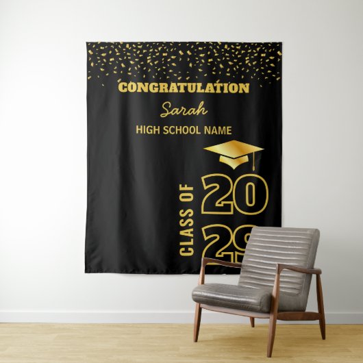 ブラック&金ゴールドパーソナライズされた卒業パーティカスタムー タペストリー (インサイチュ)