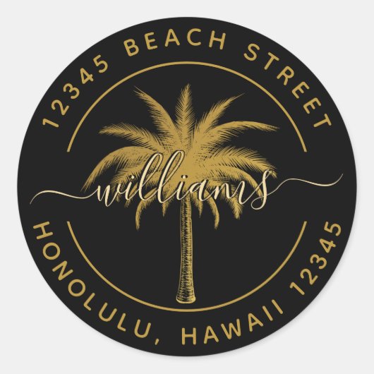 ブラック&金ゴールドパームツリー差出人住所 ラウンドシール (正面)