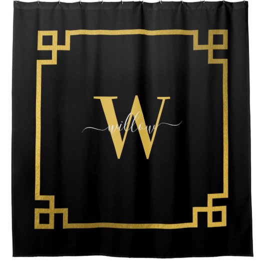 ブラック&金ゴールドピンクギリシャ鍵 モノグラムの シャワーカーテン (正面)