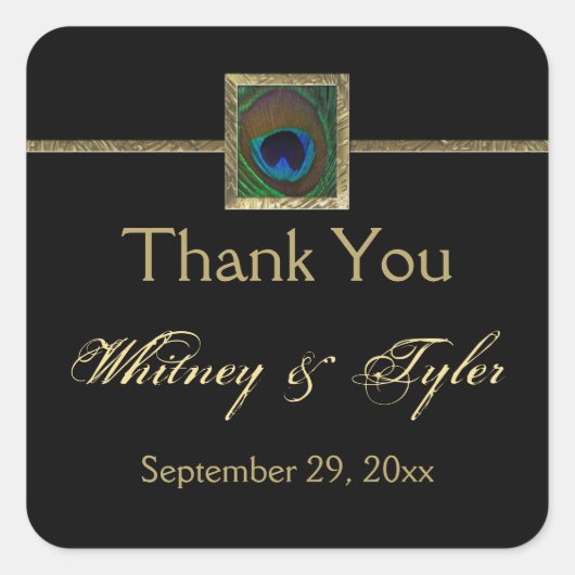 ブラック&金ゴールドピーコックフェザー結婚ズステッカー スクエアシール (正面)