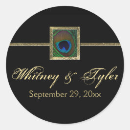 ブラック&金ゴールドピーコックフェザー結婚ズステッカー ラウンドシール