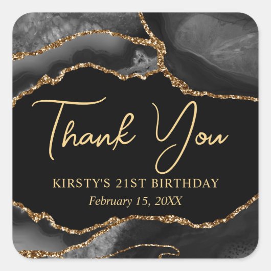 ブラック&金ゴールドフェイクグリッターアゲート誕生日パーティー スクエアシール (正面)
