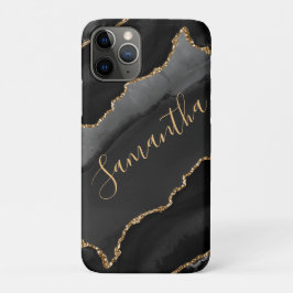 ブラック&金ゴールドフェイクグリッターアゲート iPhone 11 PROケース