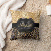 ブラック&金ゴールドフェイクグリッターグラムヒョウプリント クッション (ブランケット)