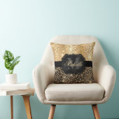 ブラック&金ゴールドフェイクグリッターグラムヒョウプリント クッション (椅子)