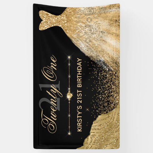 ブラック&金ゴールドフェイクグリッター&ドレス21歳誕生日 横断幕 (縦)