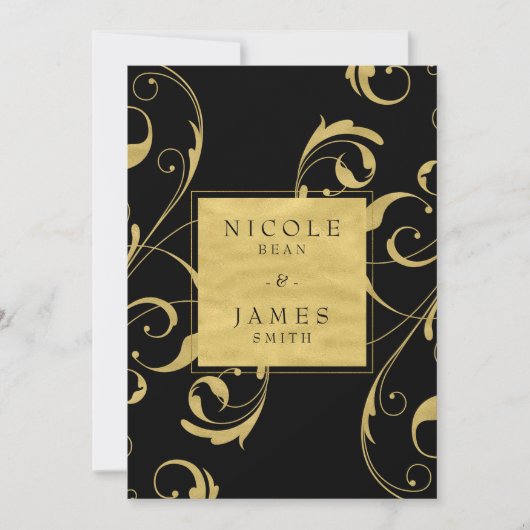 ブラック&金ゴールドフェイクフローラスワールエレガントな結婚式 招待状 (正面)