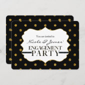 ブラック&金ゴールドフェイク水玉模様婚約招待状 招待状 (正面/裏面)