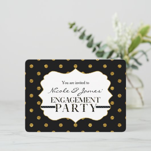 ブラック&金ゴールドフェイク水玉模様婚約招待状 招待状 (スタンド正面)