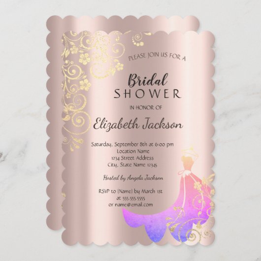 ブラック、金ゴールドフラワードレスバラ金ゴールドブライダルシャワー 招待状 (正面/裏面)