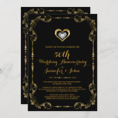 ブラック&金ゴールドフレーム、ハートシルバー記念日 招待状 (正面/裏面)